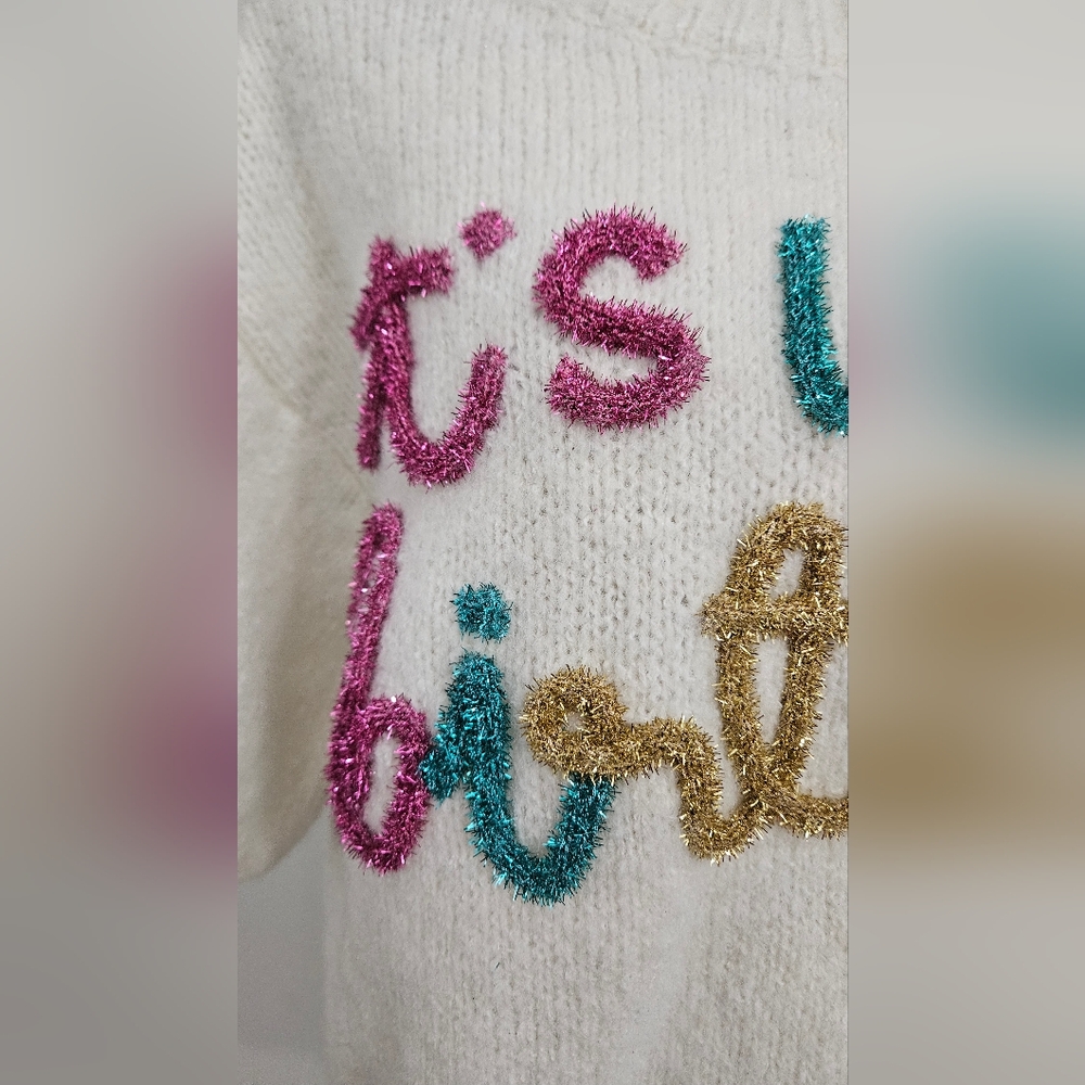 BIBI "It's My Birthday" Sweater Top Tinsel In Ivory/pink/green. Size Small - Picture 7 of 14